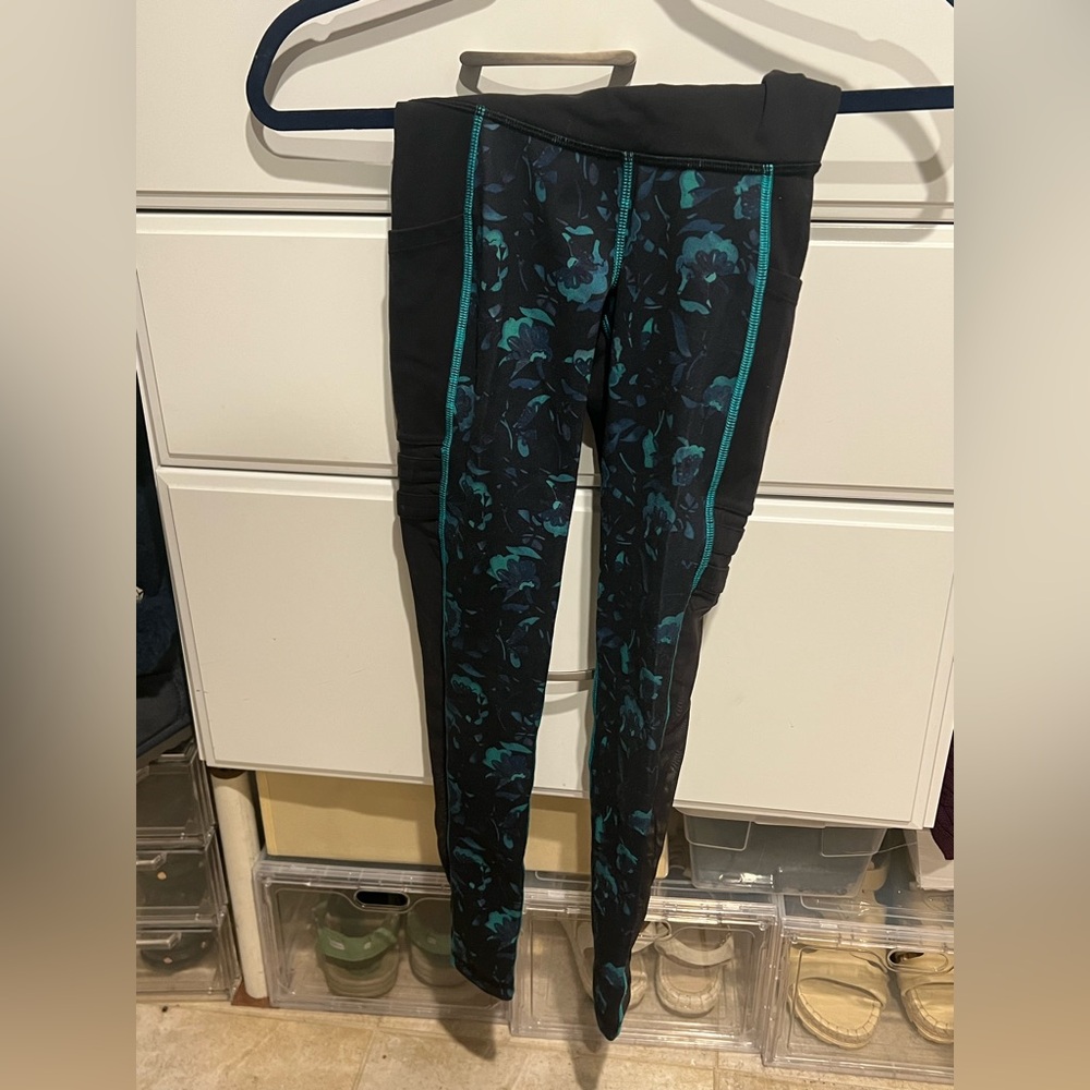 North Face Pants Womens Large Black Blue Outdoors Leggings Hiking Mesh 30X23*